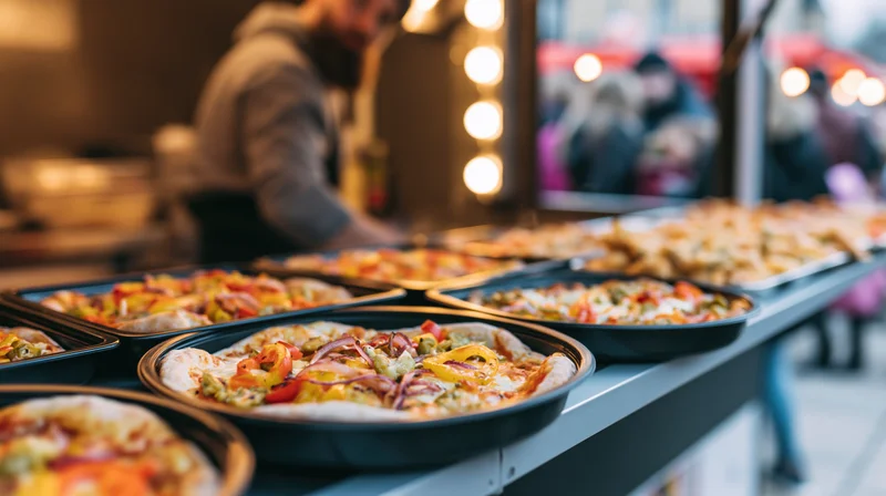 Pizzas and snacks arranged on a counter ledge at a street food stall