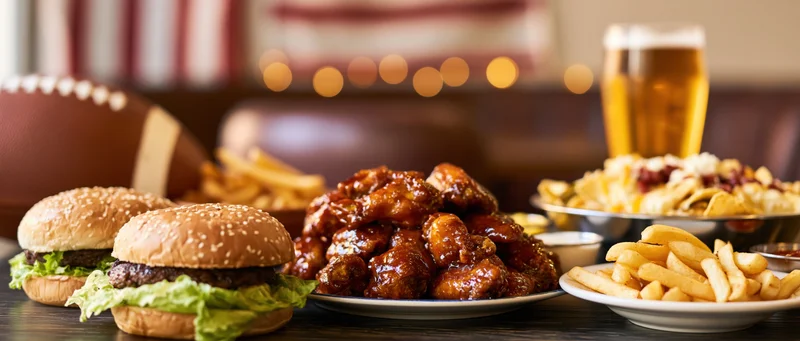 Game day spread with burgers, chicken wings, fries and beer on a dark wooden bar table
