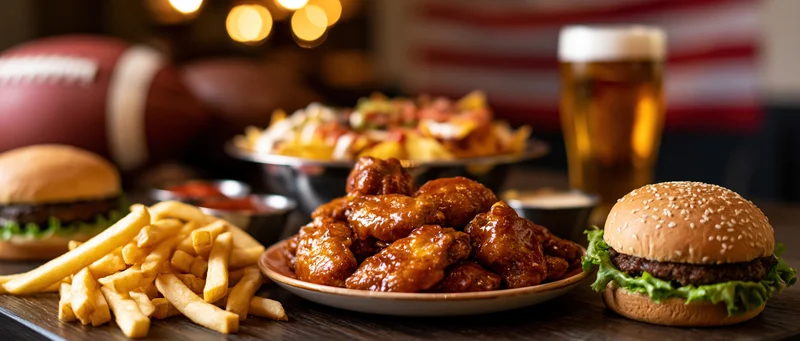 Game day food spread on dark wooden bar table with burgers, chicken wings, fries and beer