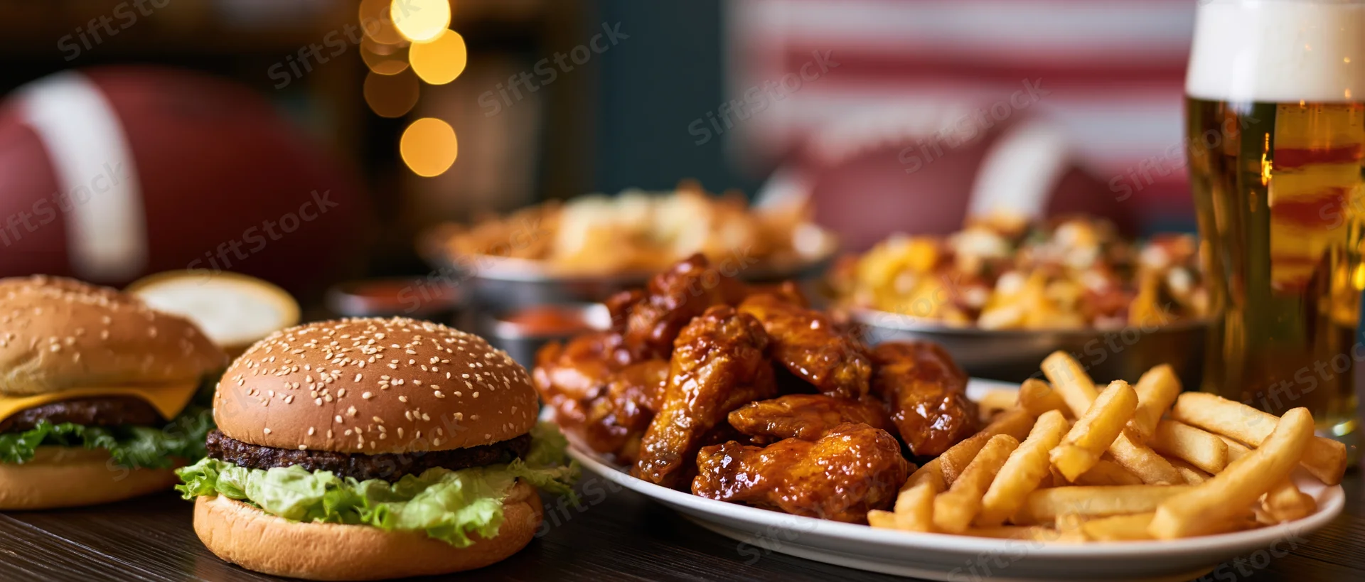 Game day spread with burgers, chicken wings, fries, and beer on a dark wooden bar table