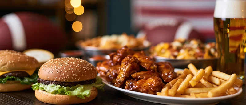 Game day spread with burgers, chicken wings, fries, and beer on a dark wooden bar table