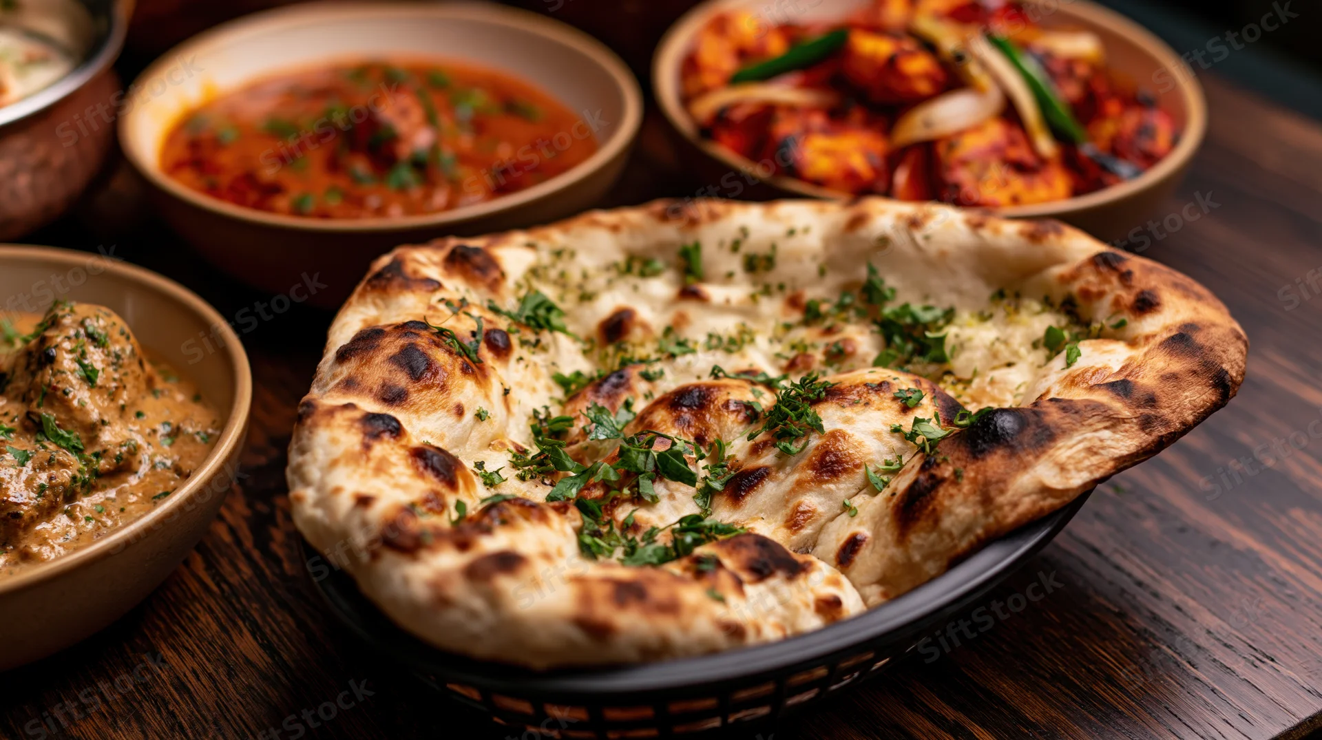 Garlic naan bread topped with cilantro served in a dark basket on a wooden table with bowls of curry and sauce around it