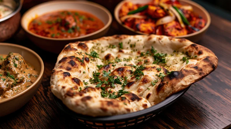 Garlic naan bread topped with cilantro served in a dark basket on a wooden table with bowls of curry and sauce around it