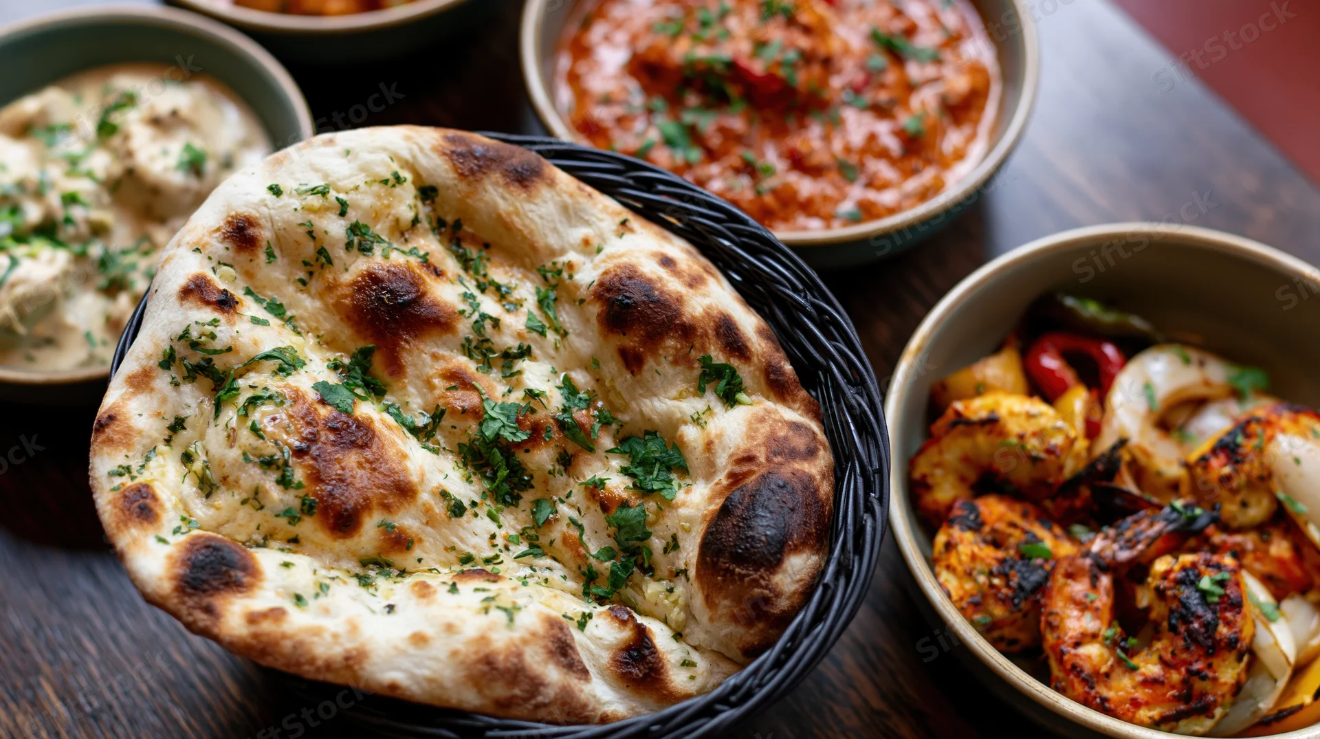 Garlic naan bread topped with cilantro in a dark basket surrounded by bowls of curry and grilled shrimp on a wooden table
