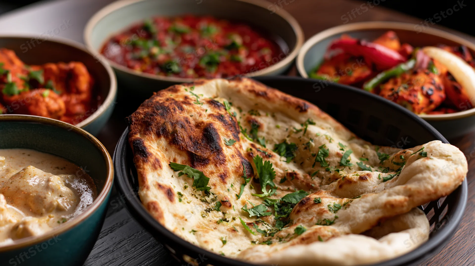 Garlic naan bread with cilantro in a dark basket surrounded by bowls of curry and side dishes on a wooden table