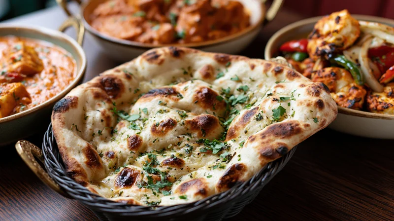 Garlic naan bread topped with cilantro in a dark woven basket on a wooden table surrounded by curry dishes