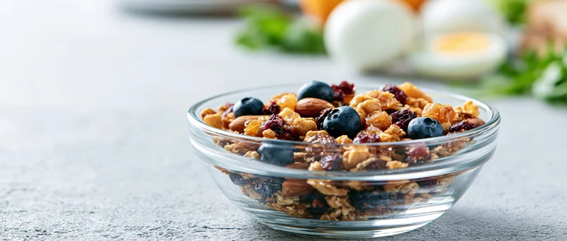 Glass bowl filled with granola, blueberries, dried fruit and nuts on a gray countertop