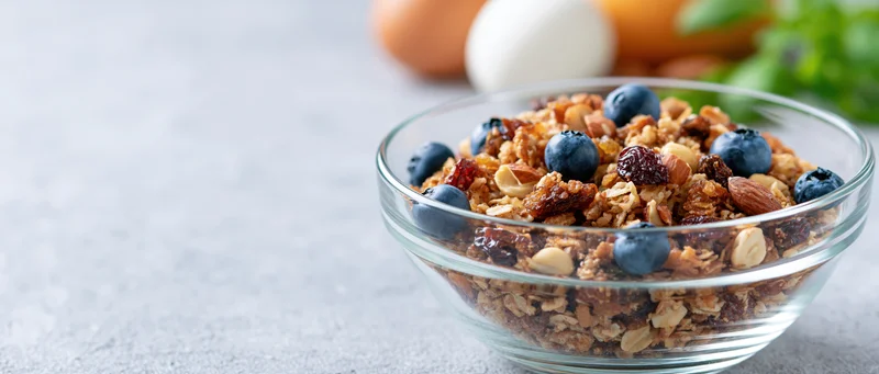 Glass bowl filled with granola, blueberries, nuts and dried fruit on a gray countertop