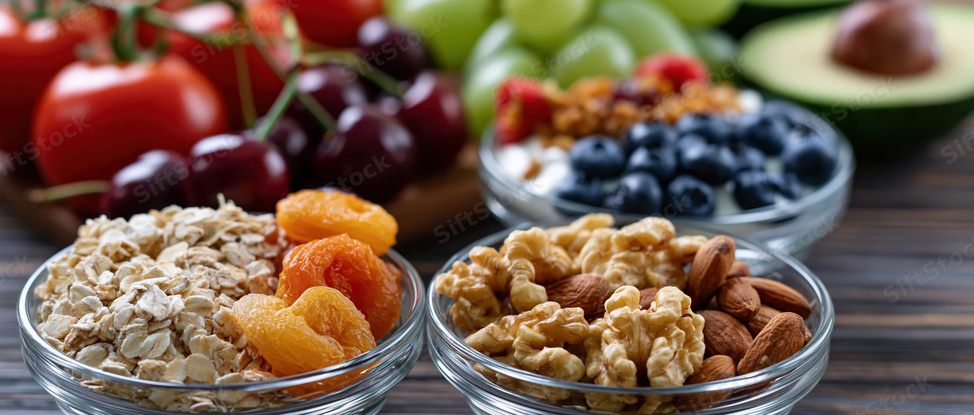 Glass bowls filled with oats, dried apricots, nuts, yogurt, and fresh fruits arranged on a wooden table