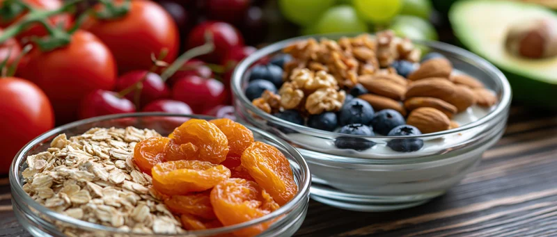Glass bowls with oats, dried apricots, yogurt, blueberries, nuts, and fresh fruit arranged on a wooden table