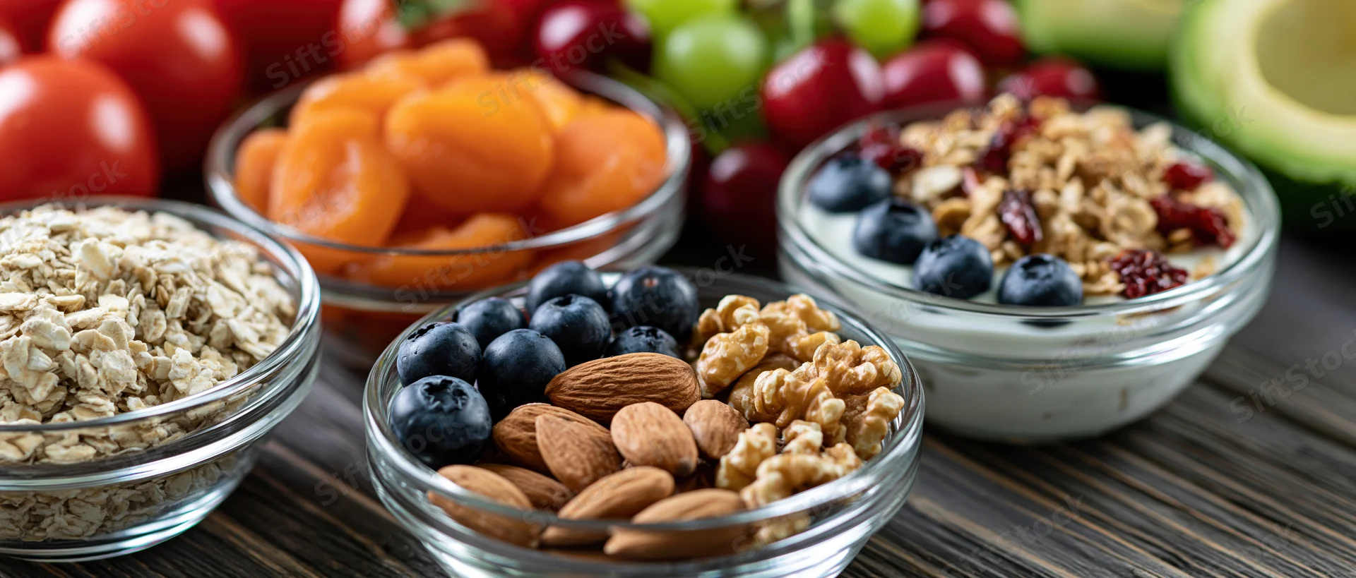Glass bowls filled with yogurt, granola, blueberries, almonds, walnuts, oats, apricots, tomatoes, grapes, and avocado on a dark wooden table