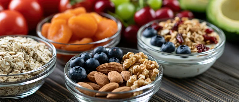 Glass bowls filled with yogurt, granola, blueberries, almonds, walnuts, oats, apricots, tomatoes, grapes, and avocado on a dark wooden table