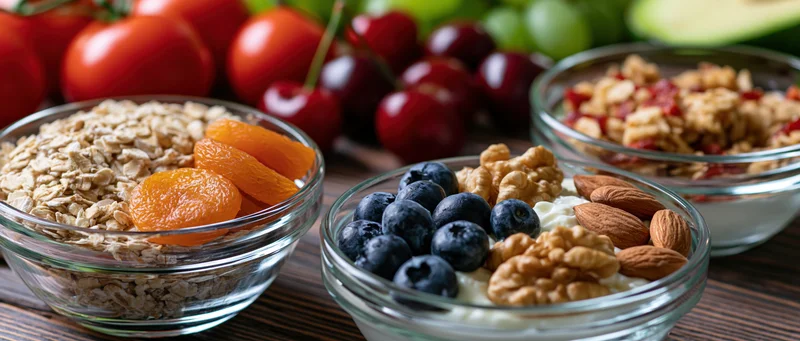Glass bowls filled with yogurt, granola, blueberries, almonds, walnuts, apricots, and oats on a wooden table with fresh fruit in background
