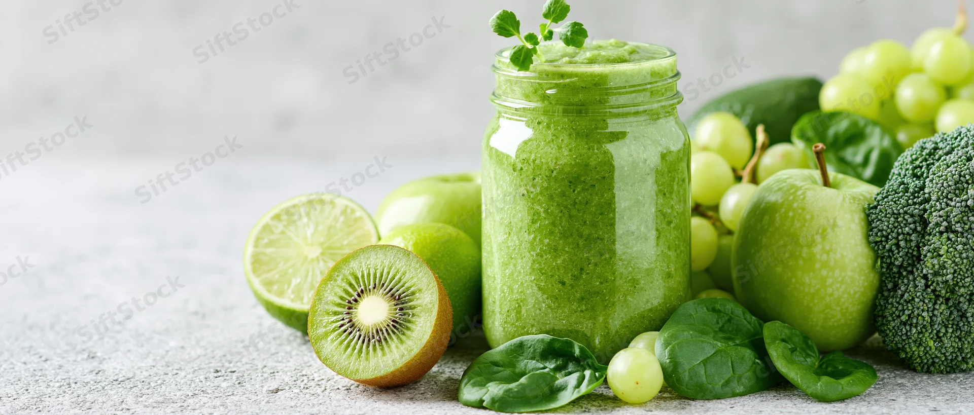 Thick green smoothie in a mason jar surrounded by fresh fruits and vegetables on a light countertop