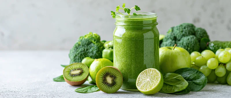 Thick green smoothie in a mason jar garnished with parsley surrounded by broccoli, kiwi, lime, apple, grapes, and spinach on a countertop