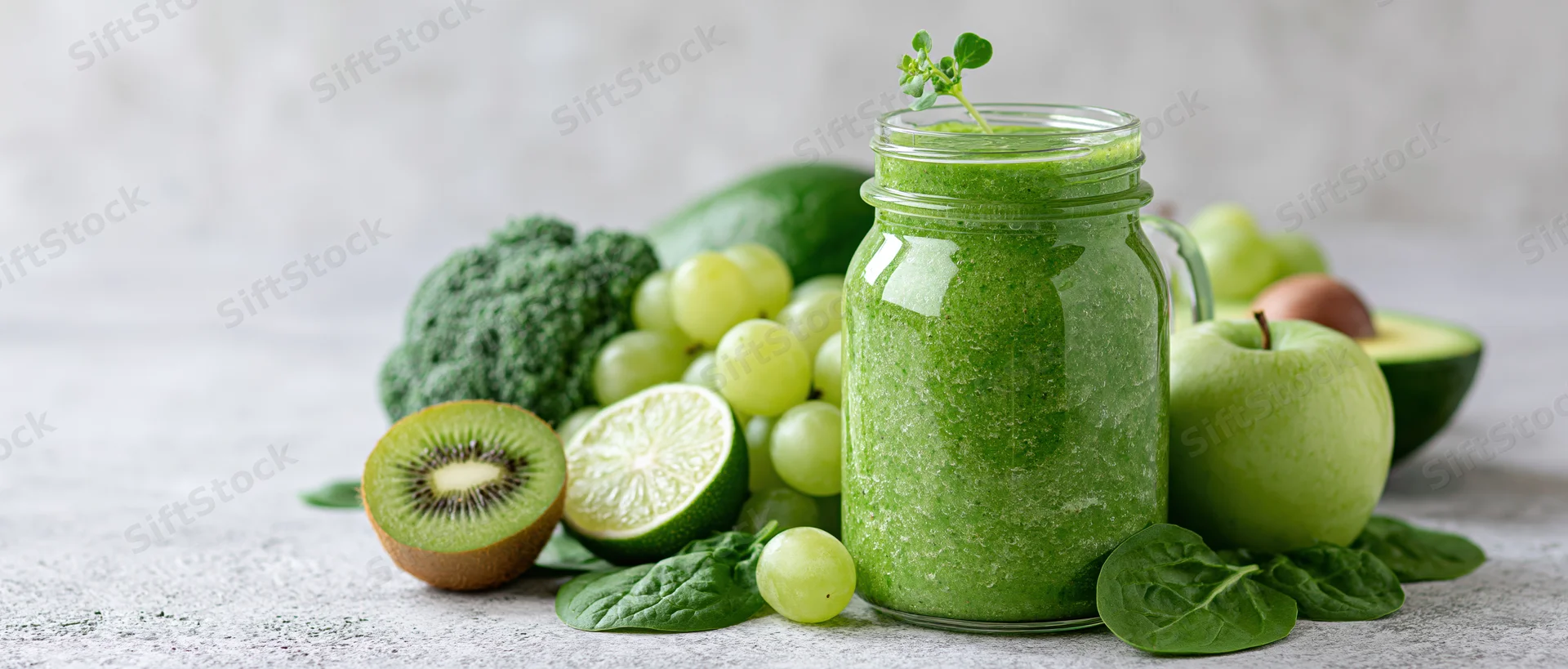 Thick green smoothie in a mason jar surrounded by fresh fruits and vegetables on a countertop
