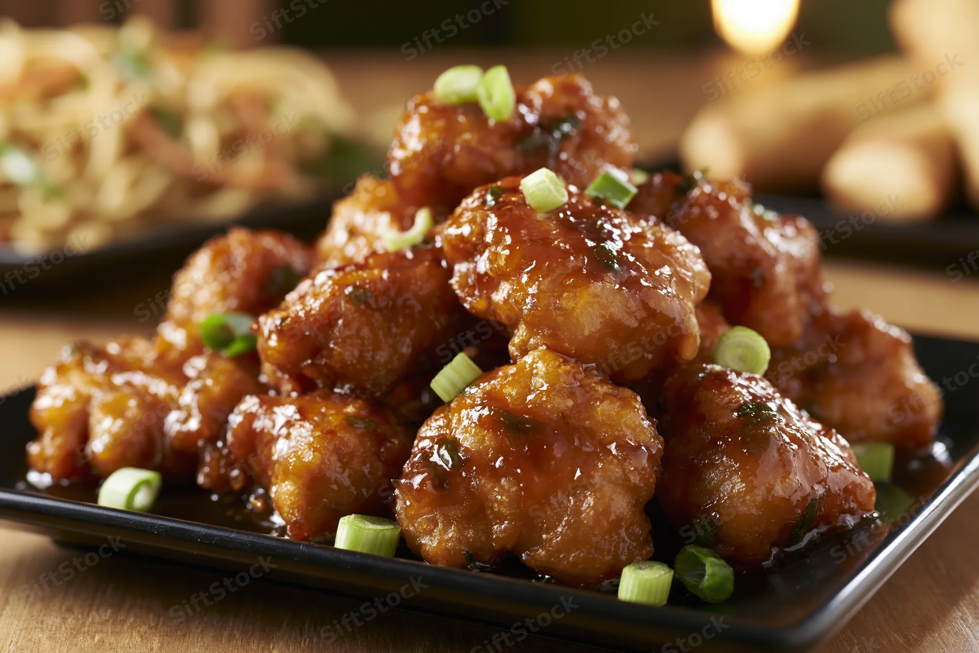 Glazed orange chicken pieces piled on a black square plate with green onions on a wooden table