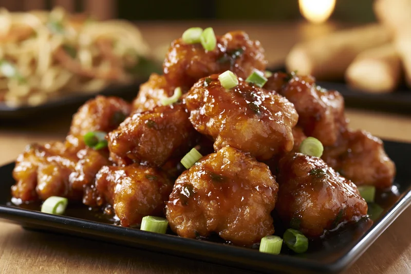 Glazed orange chicken pieces piled on a black square plate with green onions on a wooden table