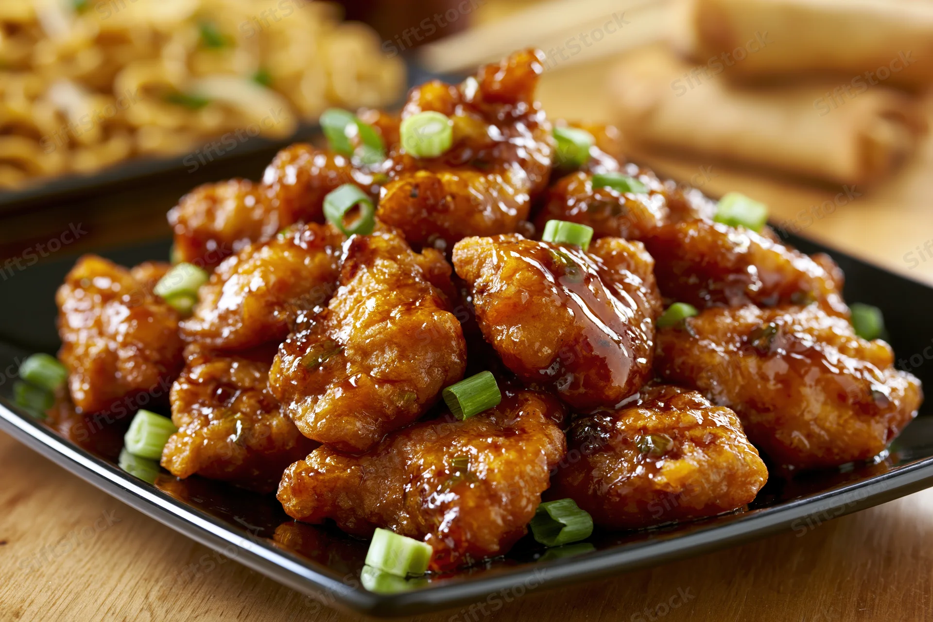 Glazed orange chicken pieces piled on a black square plate with green onions on a wooden table