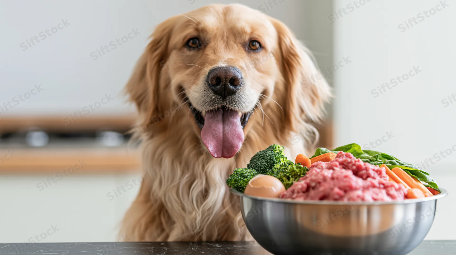 Golden retriever sitting behind a stainless steel bowl filled with raw meat, vegetables and egg on a kitchen countertop