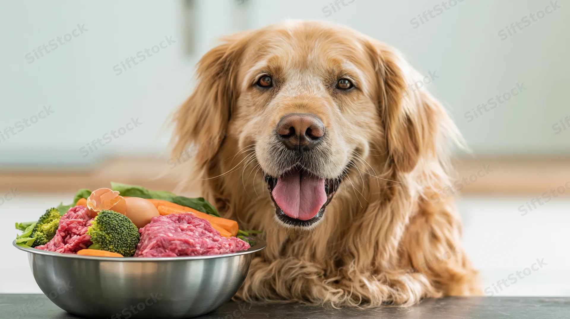 Golden retriever lying beside a stainless steel bowl filled with raw meat and vegetables on a kitchen countertop