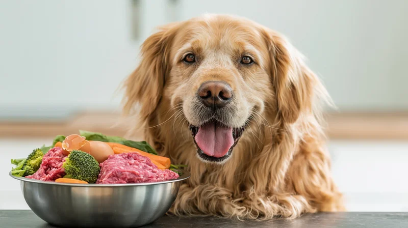 Golden retriever lying beside a stainless steel bowl filled with raw meat and vegetables on a kitchen countertop