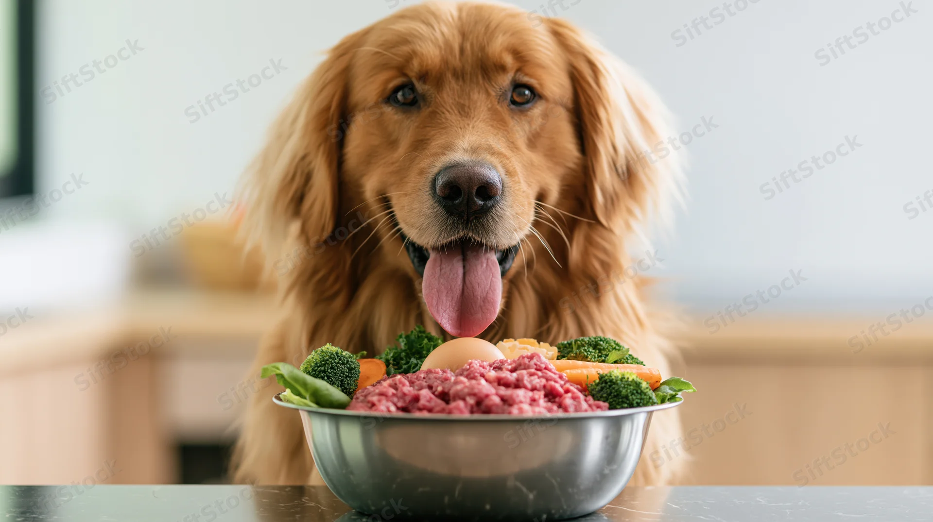 Golden retriever sitting behind a stainless steel bowl filled with raw meat and vegetables on a kitchen countertop
