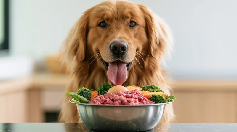 Golden retriever sitting behind a stainless steel bowl filled with raw meat and vegetables on a kitchen countertop
