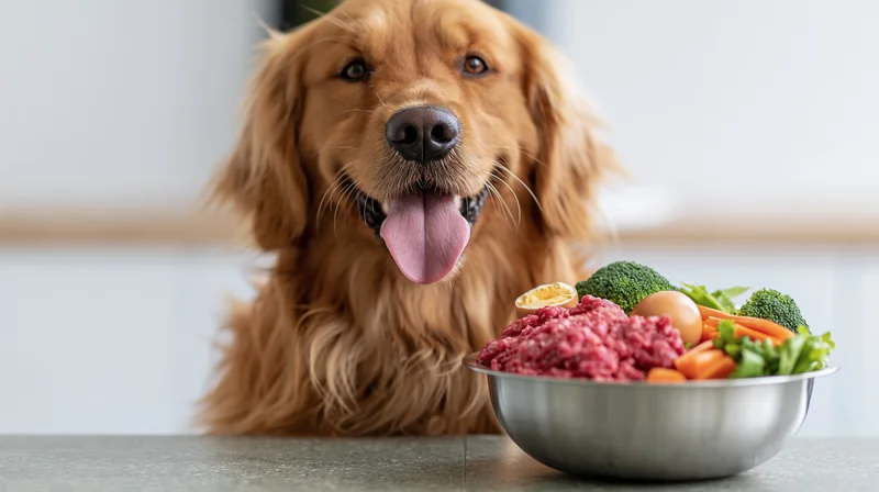 Golden retriever sitting behind a stainless steel bowl filled with raw meat and vegetables on a kitchen countertop