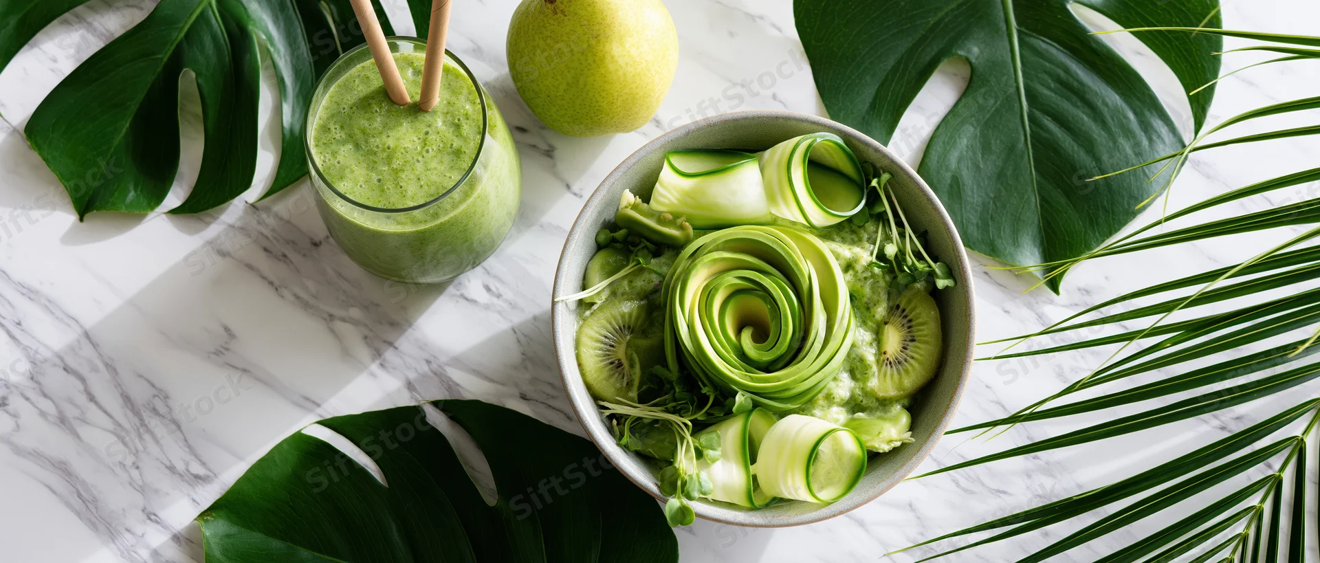Green buddha bowl with avocado rose, kiwi, cucumber and smoothie on marble table surrounded by tropical leaves