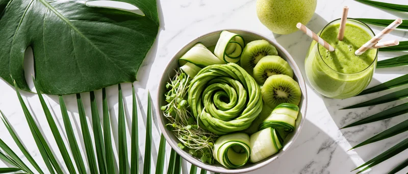 Green buddha bowl with avocado rose, kiwi, cucumber, and smoothie on marble surface surrounded by tropical leaves