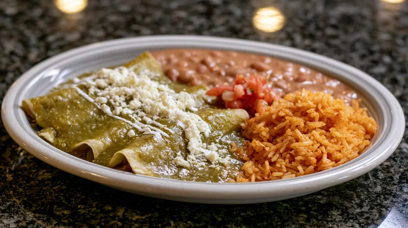 Green enchiladas with tomatillo sauce and cheese served on a plate with rice and beans on a granite countertop