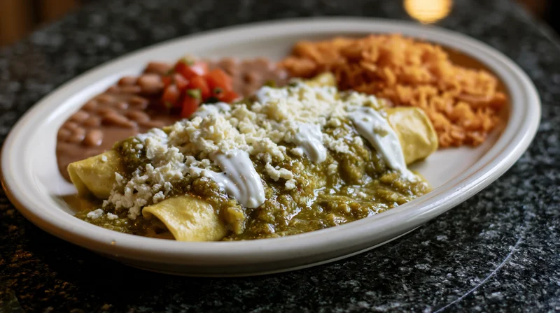 Green enchiladas smothered in tomatillo salsa verde with cheese and cream on a white oval plate with rice and beans on a granite table