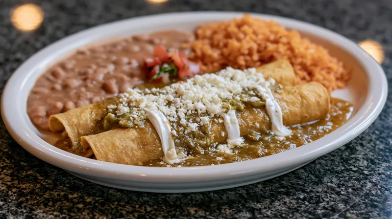 Green enchiladas smothered in tomatillo salsa verde with cheese and cream on a plate with rice and beans