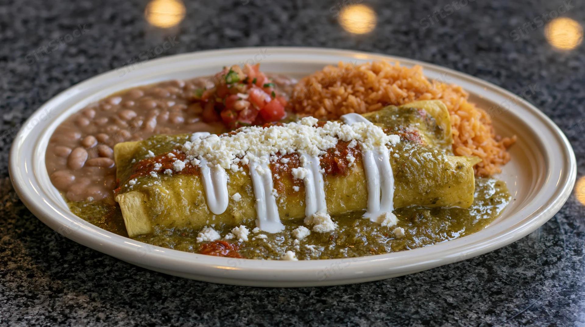 Green enchiladas smothered in tomatillo salsa verde with cheese and cream on a plate with beans and rice
