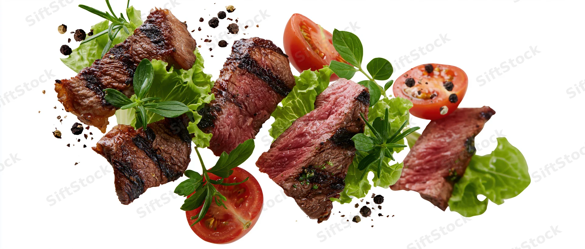 Grilled beef steak slices and fresh vegetables suspended midair on white background