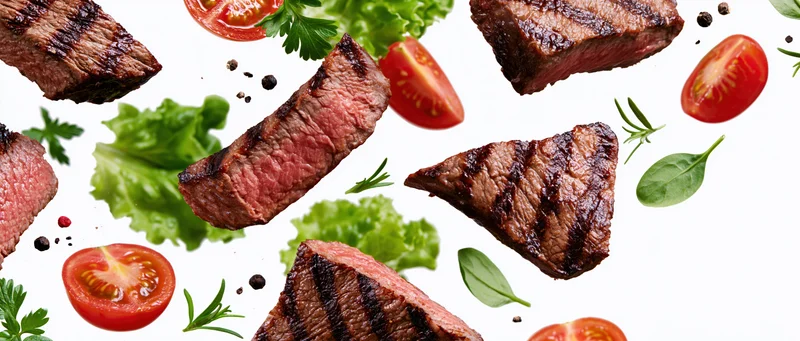 Grilled beef steak slices and fresh vegetables suspended mid-air against white background