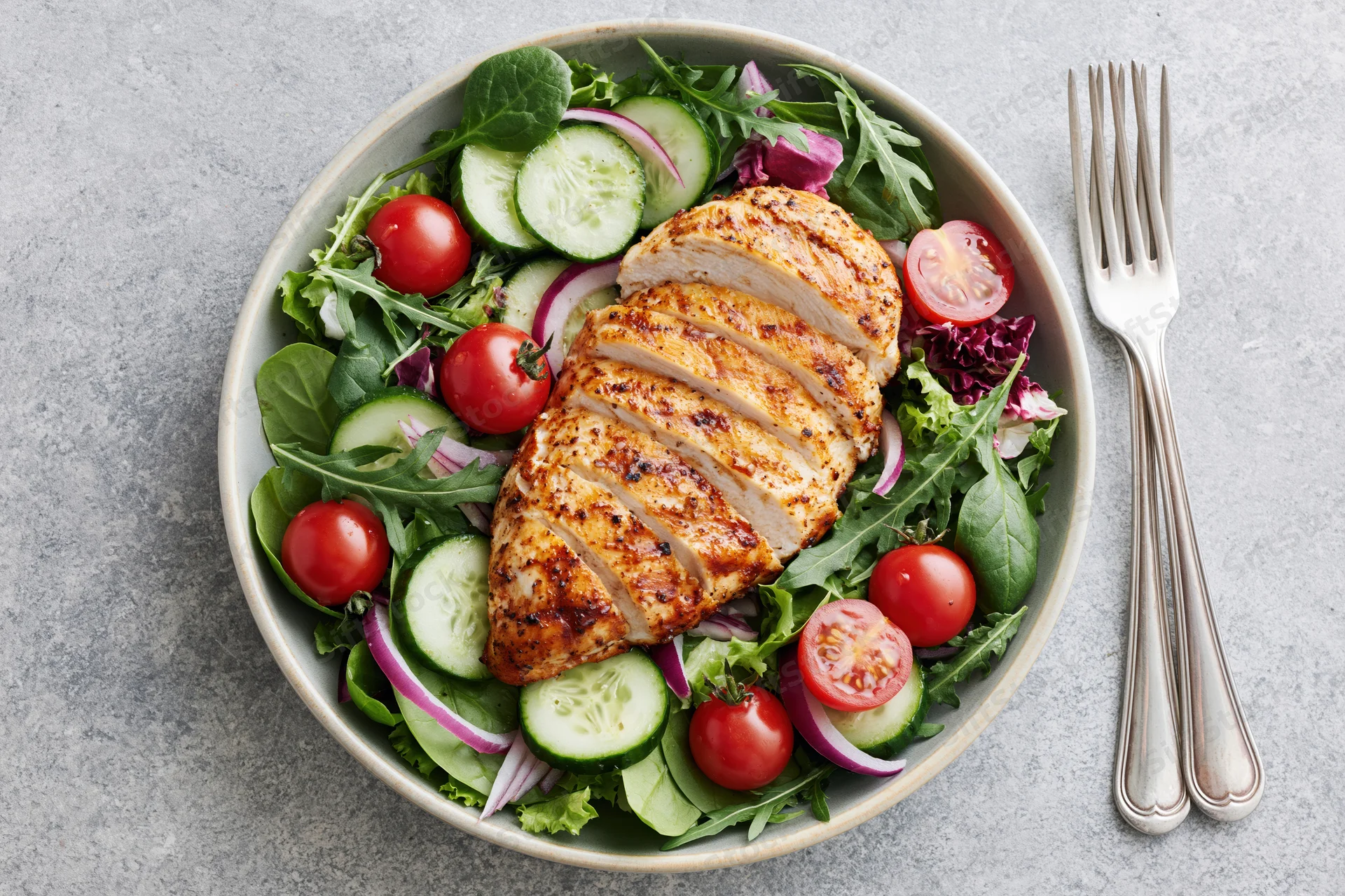 Grilled chicken breast sliced over fresh garden salad in a bowl with fork on gray surface