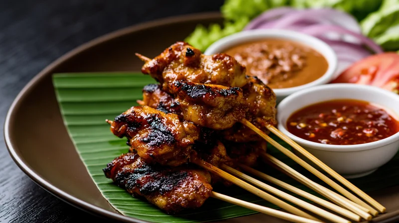 Grilled chicken satay skewers arranged on a banana leaf with dipping sauces and vegetables on a dark plate