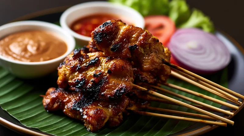Grilled chicken satay skewers arranged on a banana leaf with peanut sauce and vegetables on a dark plate