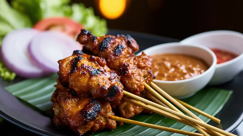 Grilled chicken satay skewers on banana leaf with peanut sauce and vegetable garnish on dark plate