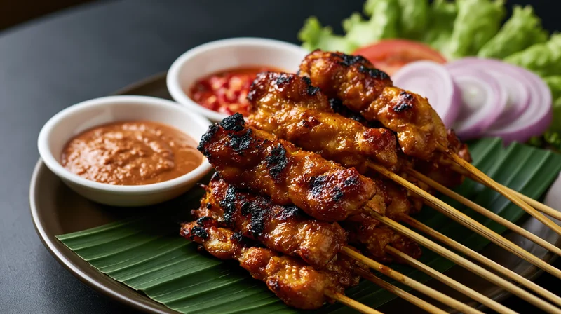 Grilled chicken satay skewers arranged on a banana leaf with peanut sauce and vegetables on a plate