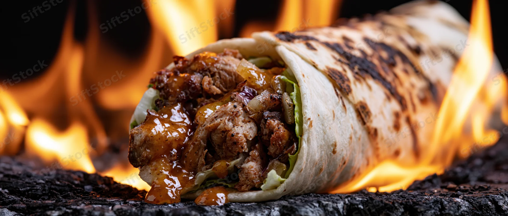 Grilled chicken burrito with sauce and vegetables lying on charcoal with flames around it