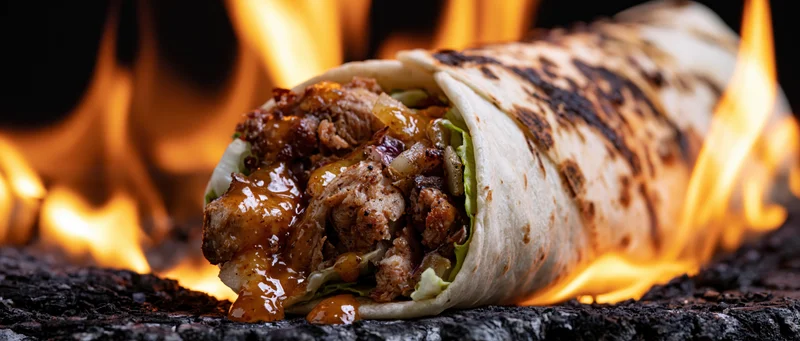 Grilled chicken burrito with sauce and vegetables lying on charcoal with flames around it