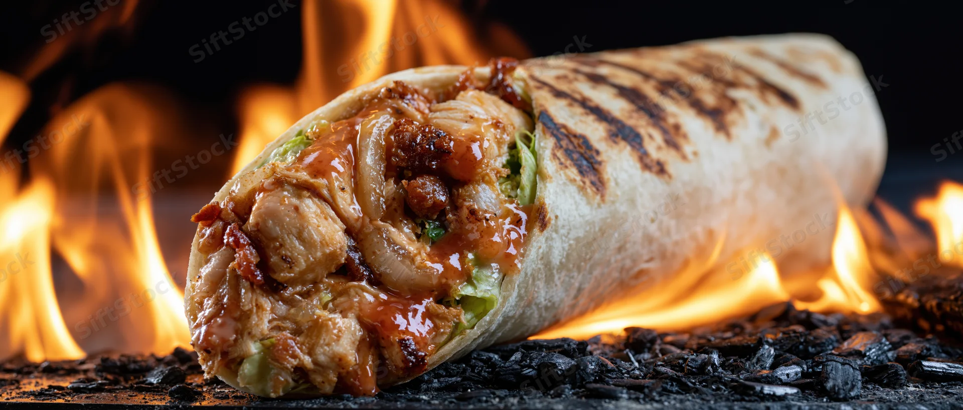 Grilled chicken burrito with visible filling lying on charcoal with flames around it