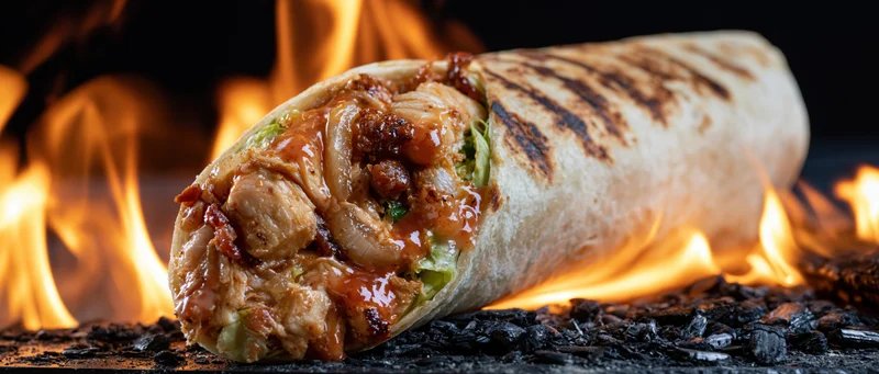 Grilled chicken burrito with visible filling lying on charcoal with flames around it