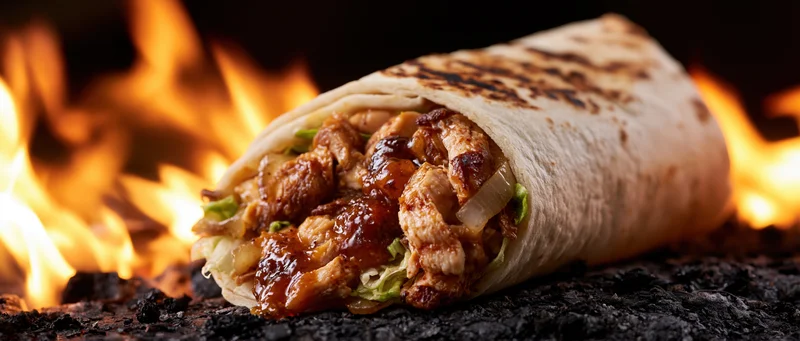 Grilled chicken wrap burrito lying on its side with flames in the background