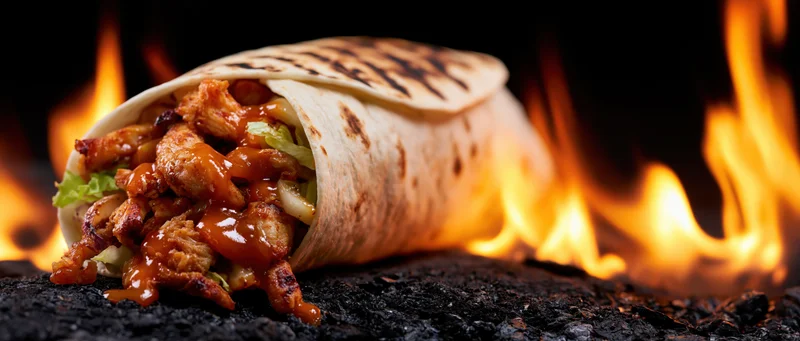 Grilled chicken wrap burrito with barbecue sauce and lettuce lying on charcoal with flames in background