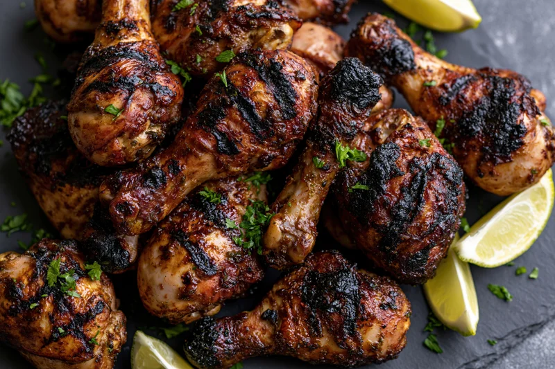 Grilled jerk chicken drumsticks and thighs piled on a dark slate plate with lime wedges and parsley garnish