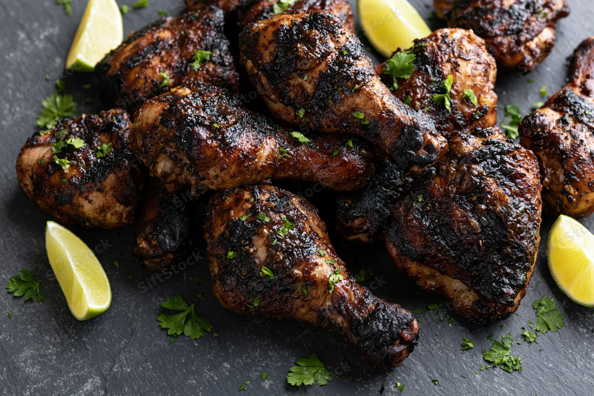 Grilled jerk chicken drumsticks and thighs piled on dark slate plate with lime wedges and cilantro garnish